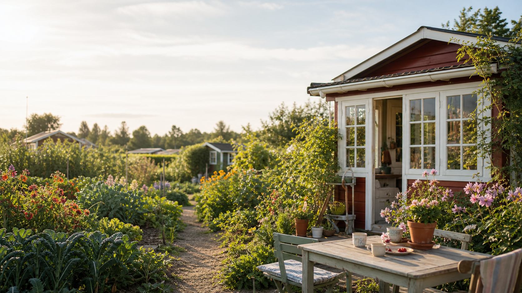 En hyggelig kolonihave med lille havehus, blomster og grøntsager i eftermiddagssol